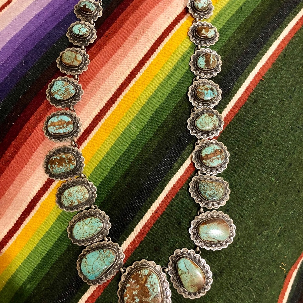 Turquoise #8 giant sterling  silver signed statement necklace squash Rodeo NFR - Picture 9 of 16